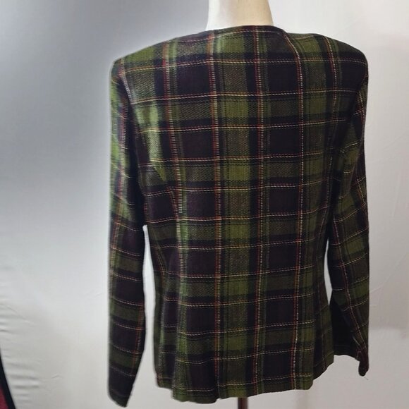 Sag Harbor Womens Plaid Button-Front Blazer Size 12 Green & Black Acrylic Jacket - Picture 2 of 4